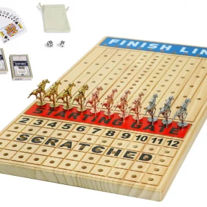 Large 21 inches Horse Racing Board Game with 11 Luxury Metal Horses Thickened Wood Game Chessboard Including Dice and Cards Finish LINE Race Game Board