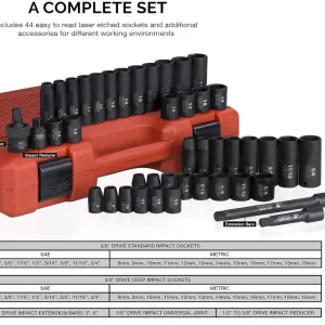 NEIKO 02440A 3/8-Inch-Drive Impact Socket Set, SAE Sizes 5/16" to 3/4" and Metric Sizes 8 mm to 19 mm, Includes Extension Bars and U-Joint, 44 Pieces