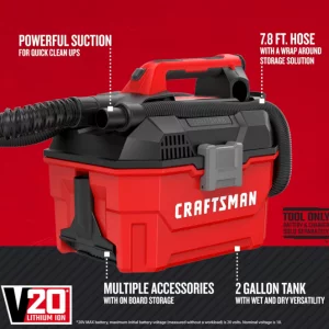 Craftsman V20 Cordless Vacuum Cleaner, Shop Vac Wet/Dry, 2 Gallon, 7ft Hose, Bare Tool Only (CMCV002B)